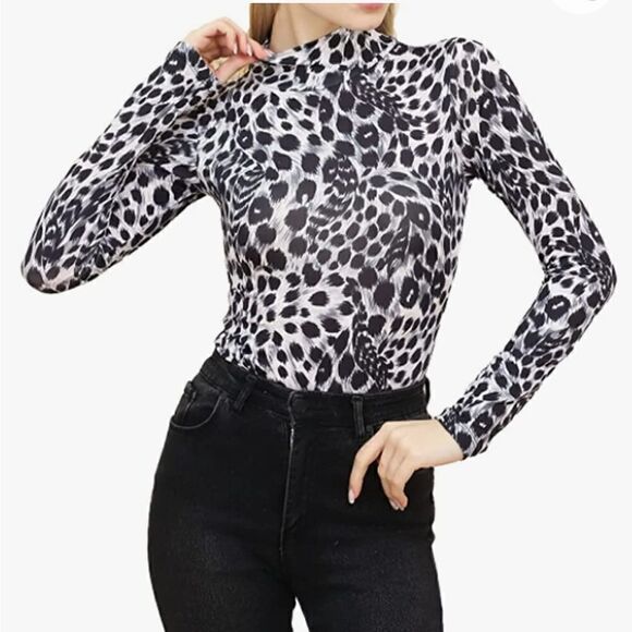 LASOFY Women's White Leopard Print Mock Turtle Neck Long Sleeve Tops Bodysuit - Picture 1 of 6
